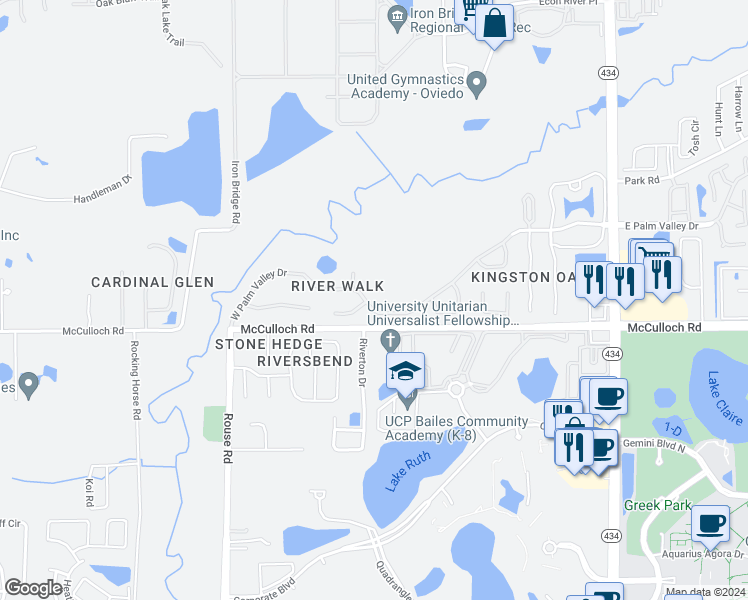 map of restaurants, bars, coffee shops, grocery stores, and more near 526 West Palm Valley Drive in Oviedo