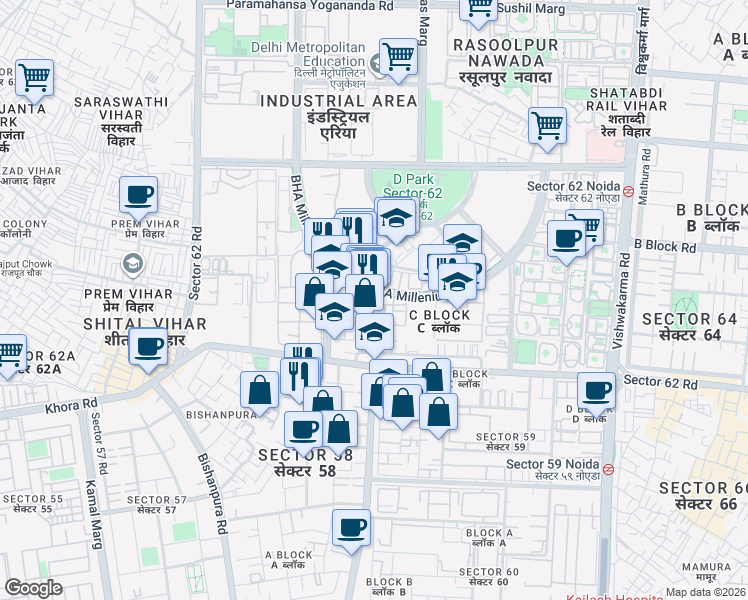 map of restaurants, bars, coffee shops, grocery stores, and more near in Noida