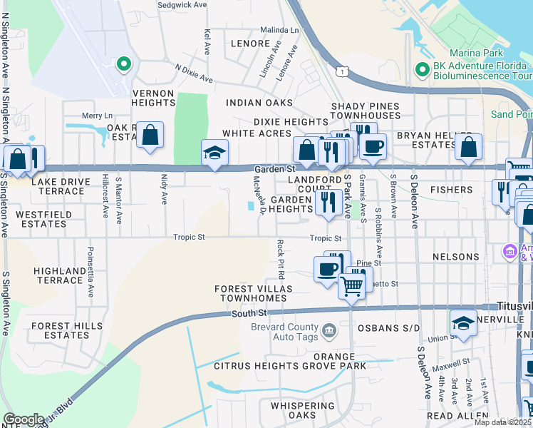 map of restaurants, bars, coffee shops, grocery stores, and more near 1716 South Eden Circle in Titusville