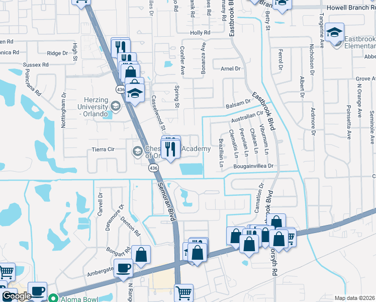 map of restaurants, bars, coffee shops, grocery stores, and more near 3398 Hamlet Loop in Winter Park