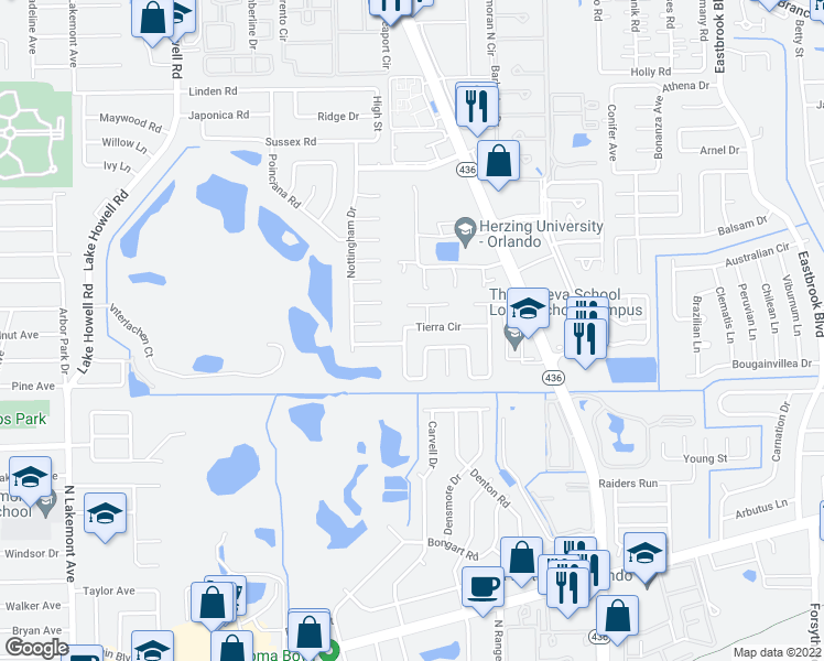 map of restaurants, bars, coffee shops, grocery stores, and more near 2626 Tierra Circle in Winter Park