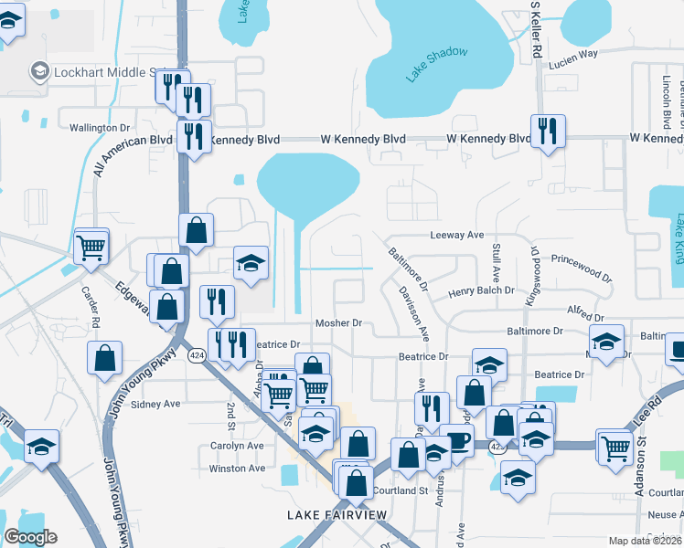 map of restaurants, bars, coffee shops, grocery stores, and more near 5530 Queenswood Drive in Orlando