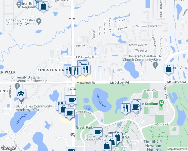map of restaurants, bars, coffee shops, grocery stores, and more near 4270 Shadow Creek Circle in Oviedo