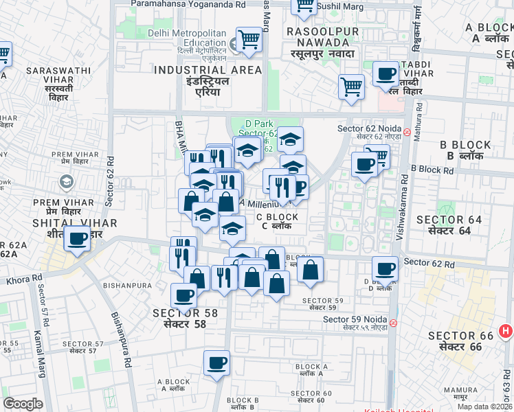 map of restaurants, bars, coffee shops, grocery stores, and more near in Noida