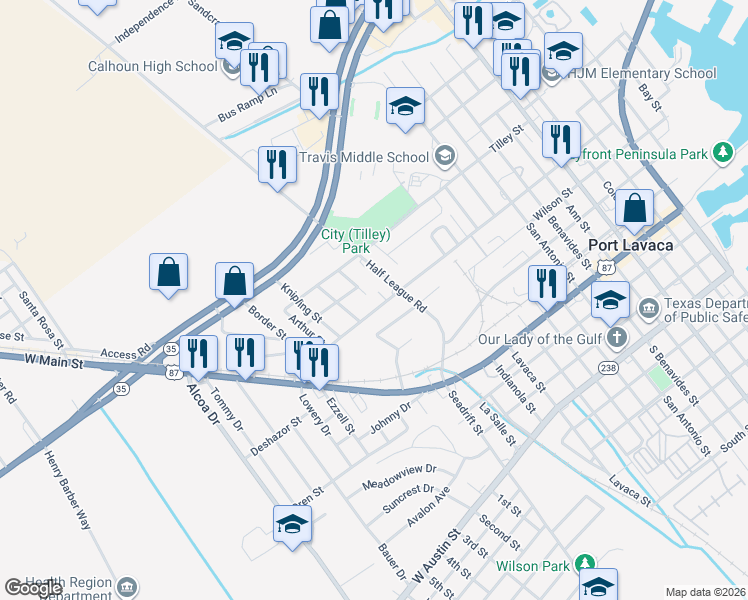 map of restaurants, bars, coffee shops, grocery stores, and more near 1207 West George Street in Port Lavaca