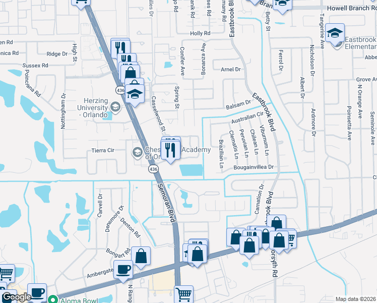 map of restaurants, bars, coffee shops, grocery stores, and more near 3398 Hamlet Loop in Winter Park