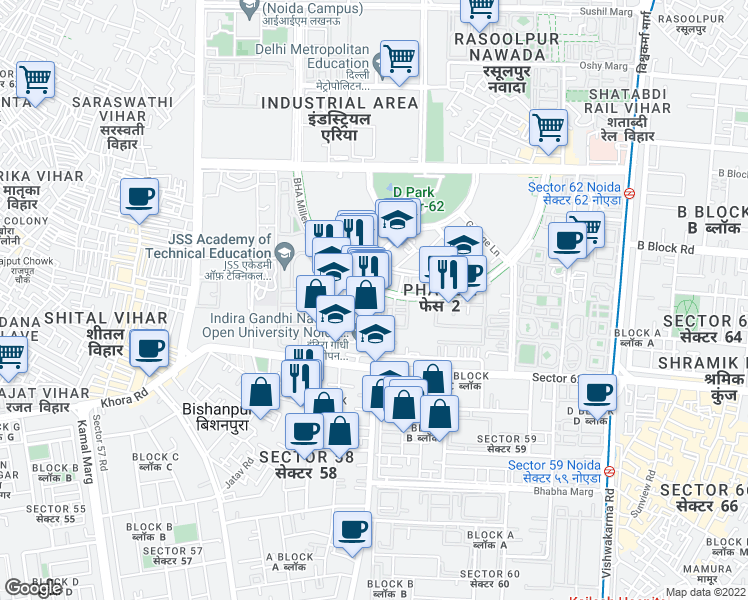map of restaurants, bars, coffee shops, grocery stores, and more near in Noida