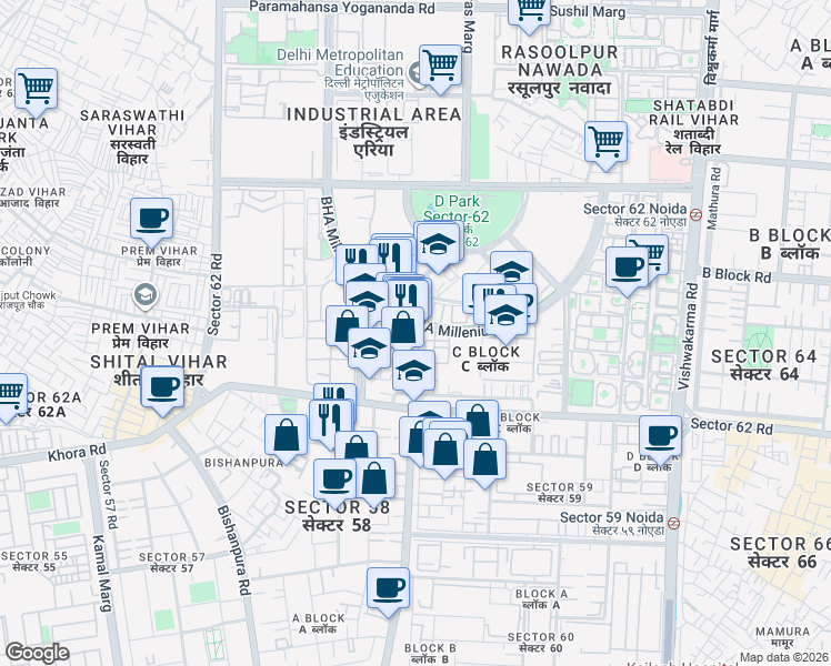 map of restaurants, bars, coffee shops, grocery stores, and more near in Noida