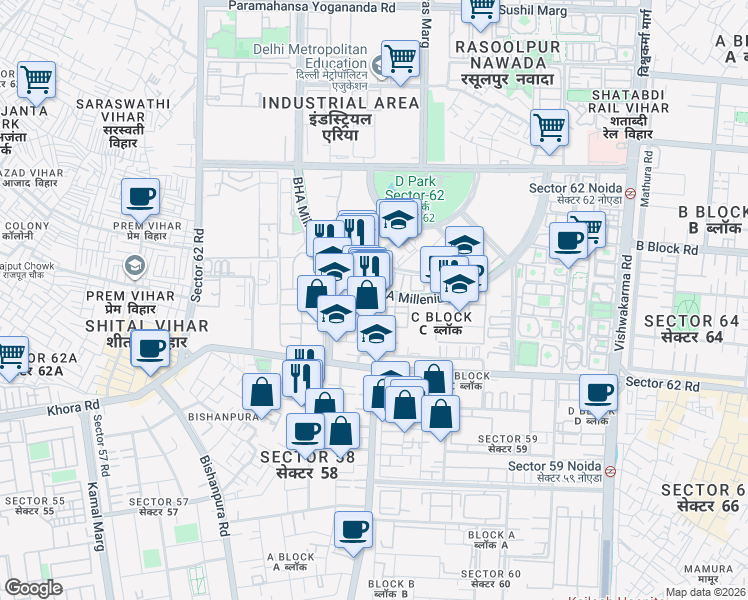 map of restaurants, bars, coffee shops, grocery stores, and more near in Noida