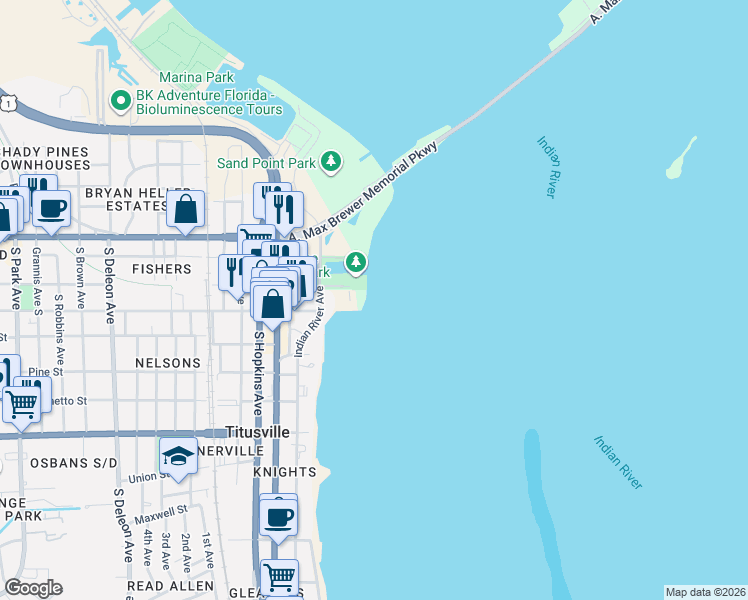 map of restaurants, bars, coffee shops, grocery stores, and more near 53 Broad Street in Titusville