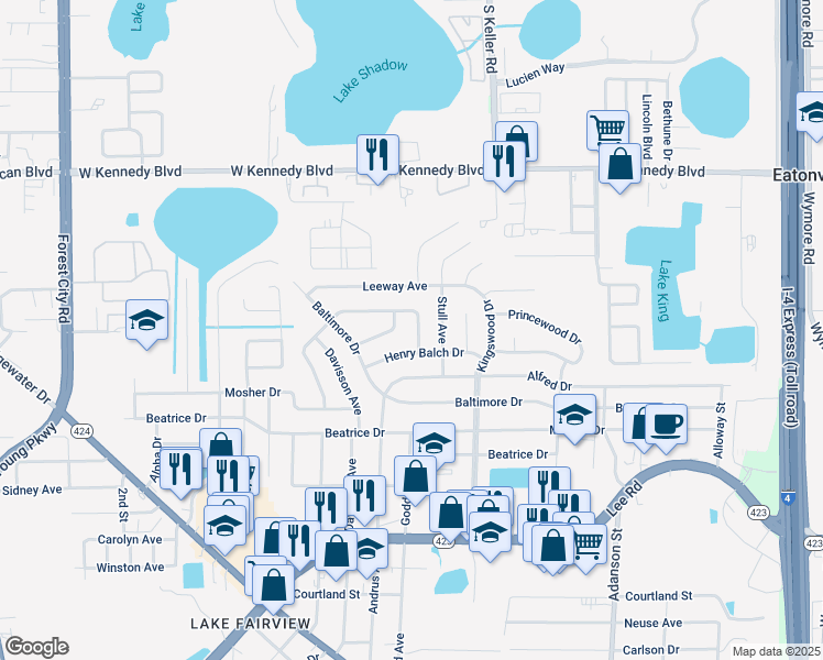 map of restaurants, bars, coffee shops, grocery stores, and more near 1407 Henry Balch Drive in Orlando
