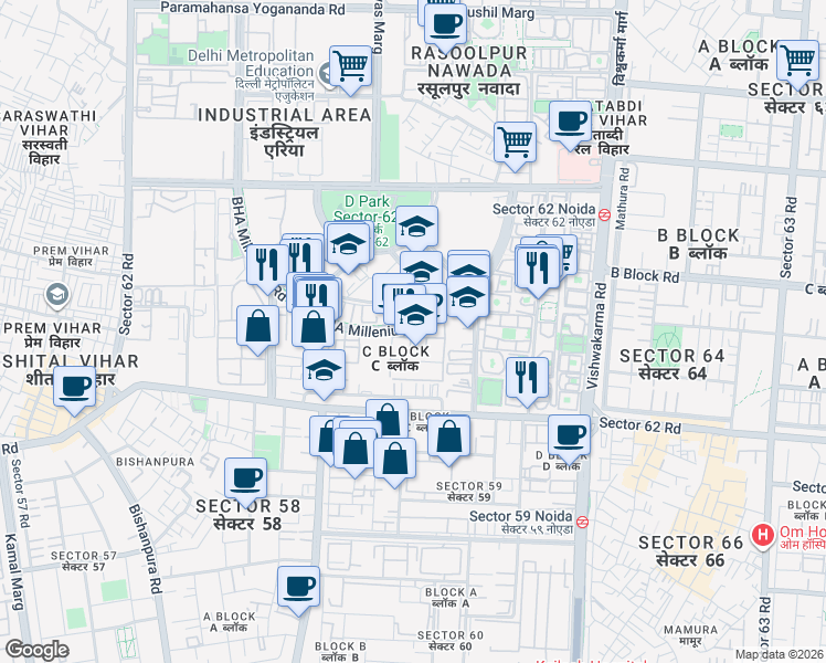 map of restaurants, bars, coffee shops, grocery stores, and more near in Noida