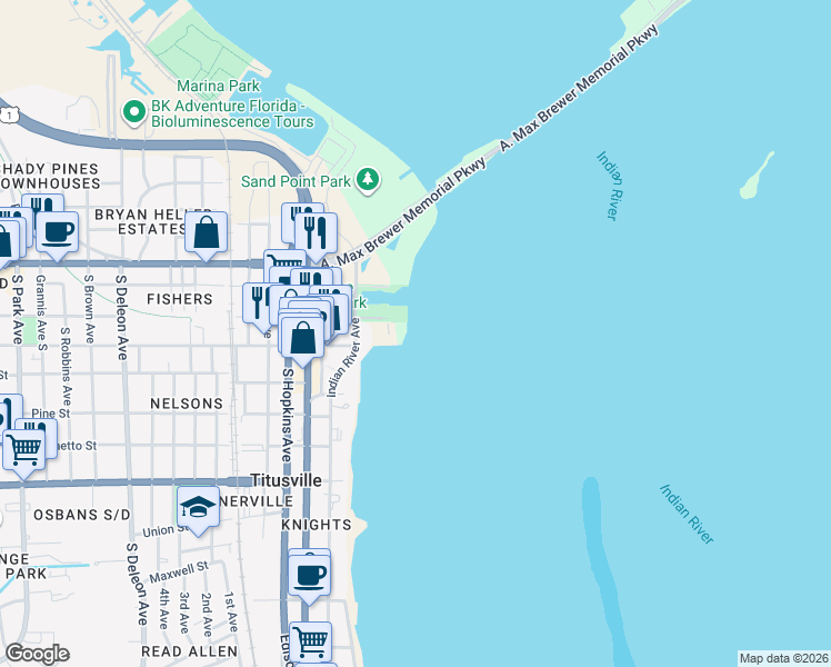 map of restaurants, bars, coffee shops, grocery stores, and more near 65 Broad Street in Titusville