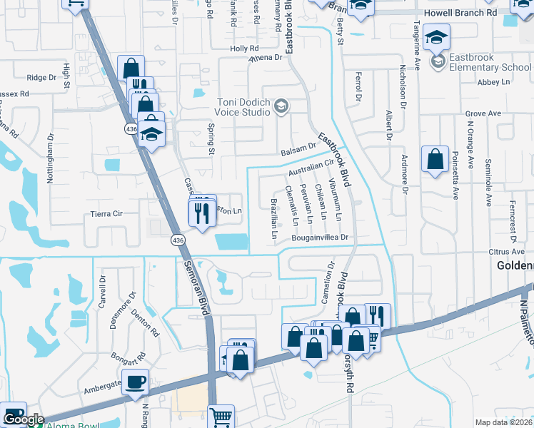 map of restaurants, bars, coffee shops, grocery stores, and more near 1451 Brazilian Lane in Winter Park