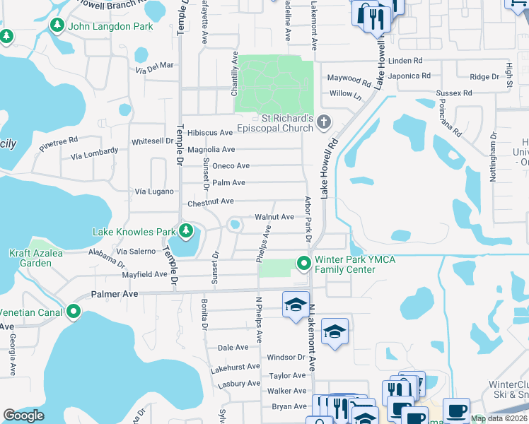map of restaurants, bars, coffee shops, grocery stores, and more near 1650 Walnut Avenue in Winter Park