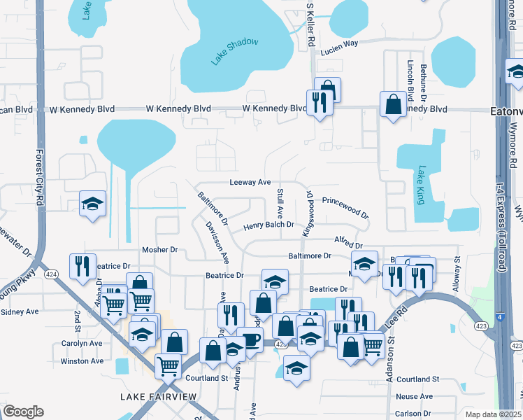 map of restaurants, bars, coffee shops, grocery stores, and more near 1407 Henry Balch Drive in Orlando