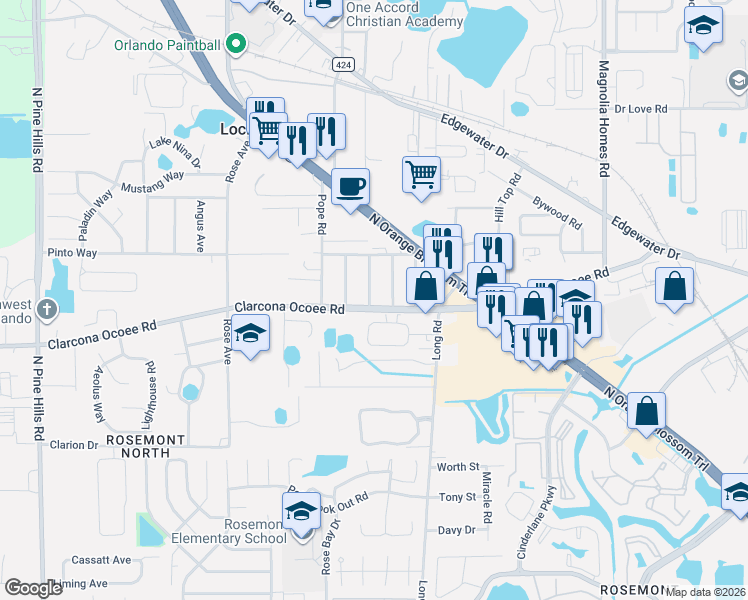 map of restaurants, bars, coffee shops, grocery stores, and more near 4543 Oak Arbor Circle in Orlando