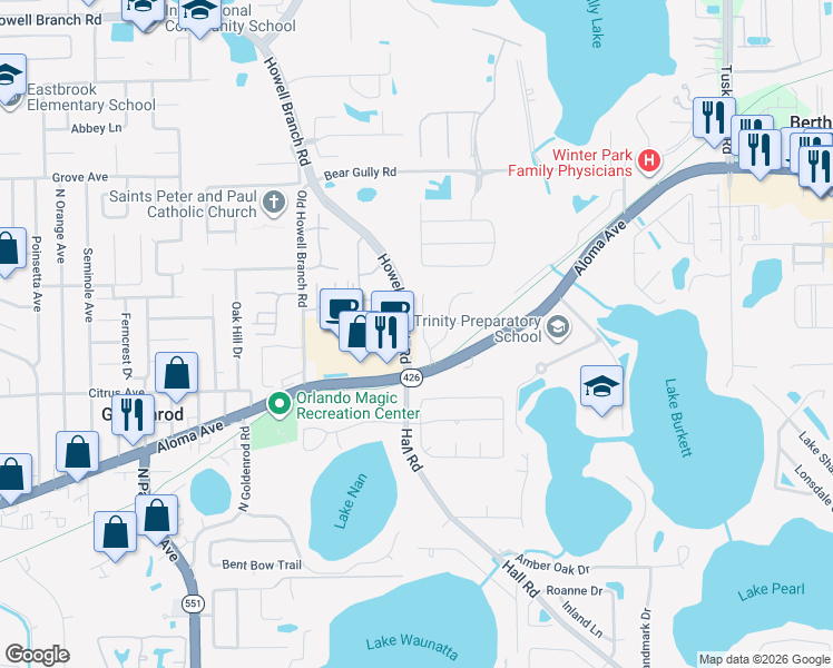 map of restaurants, bars, coffee shops, grocery stores, and more near 5889 Marble Court in Winter Park