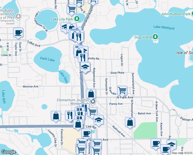 map of restaurants, bars, coffee shops, grocery stores, and more near 320 Alpine Drive in Maitland