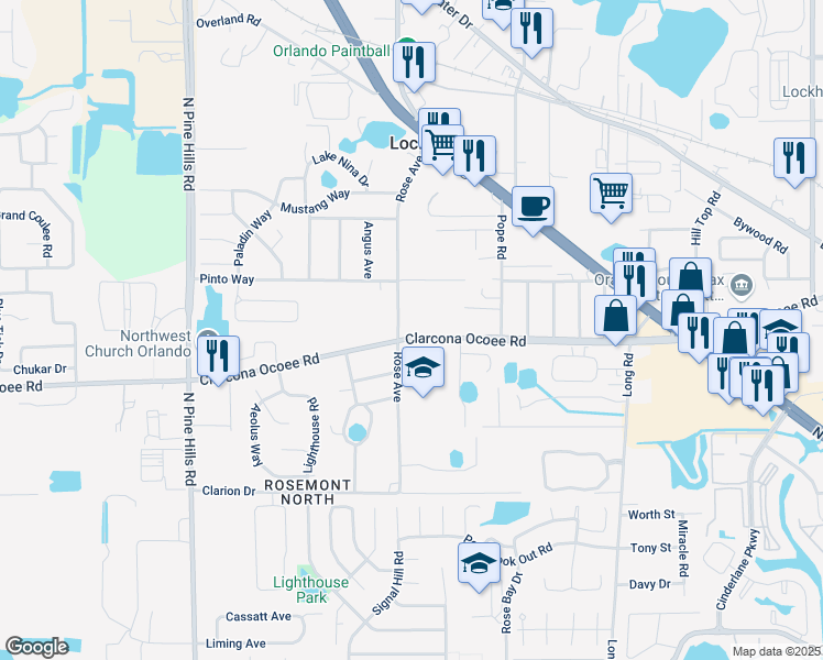 map of restaurants, bars, coffee shops, grocery stores, and more near 4970 Clarcona Ocoee Road in Orlando
