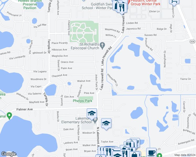 map of restaurants, bars, coffee shops, grocery stores, and more near 1622 Arbor Park Drive in Winter Park
