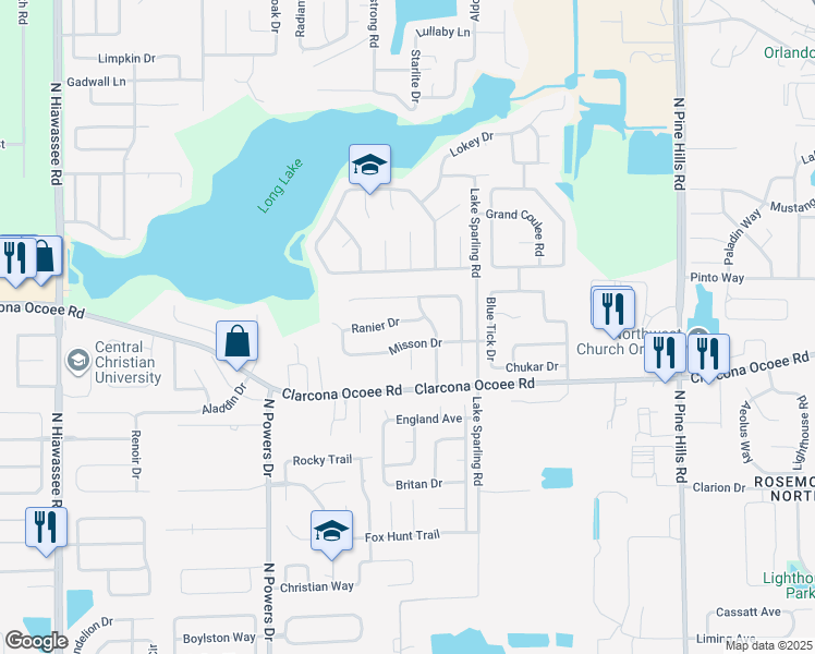 map of restaurants, bars, coffee shops, grocery stores, and more near 6122 Ranier Drive in Orlando
