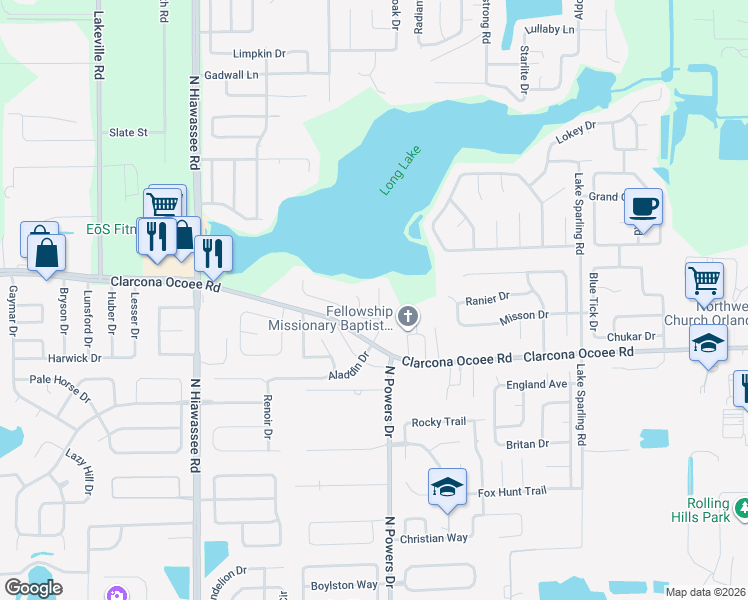 map of restaurants, bars, coffee shops, grocery stores, and more near 5537 Long Lake Hills Boulevard in Orlando