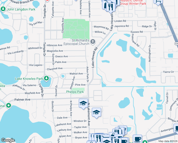 map of restaurants, bars, coffee shops, grocery stores, and more near 1780 Walnut Avenue in Winter Park