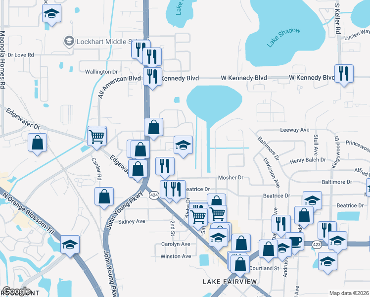 map of restaurants, bars, coffee shops, grocery stores, and more near 5536 Shasta Drive in Orlando