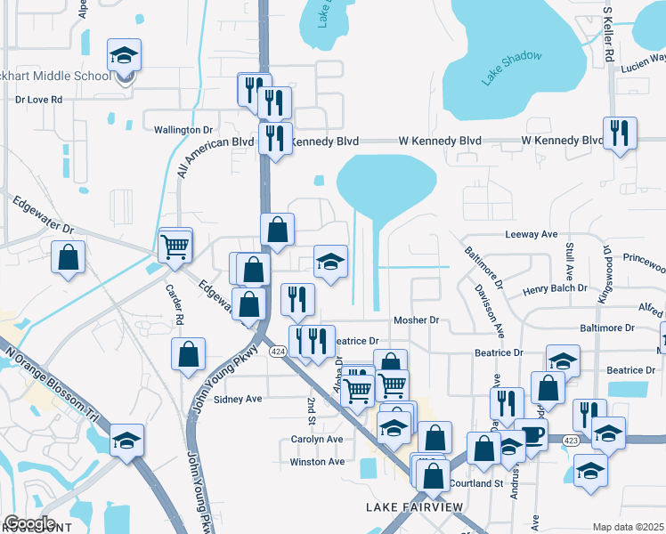 map of restaurants, bars, coffee shops, grocery stores, and more near 2271 Weston Lane in Orlando