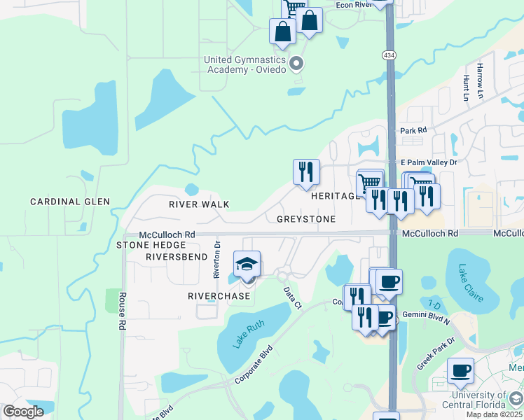 map of restaurants, bars, coffee shops, grocery stores, and more near 485 West Palm Valley Drive in Oviedo