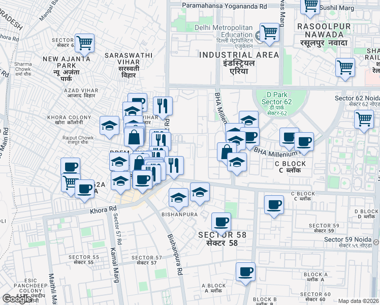map of restaurants, bars, coffee shops, grocery stores, and more near in Noida