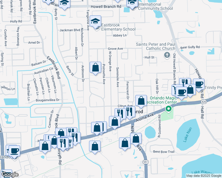 map of restaurants, bars, coffee shops, grocery stores, and more near Orange Avenue in Winter Park