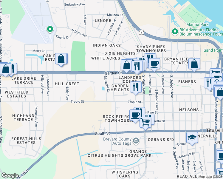 map of restaurants, bars, coffee shops, grocery stores, and more near 1716 South Eden Circle in Titusville