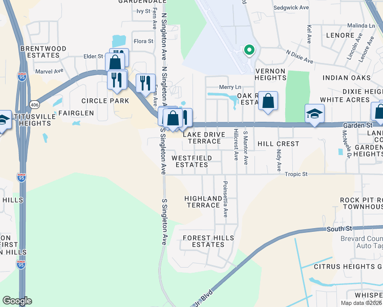 map of restaurants, bars, coffee shops, grocery stores, and more near 200 Hilltop Drive South in Titusville