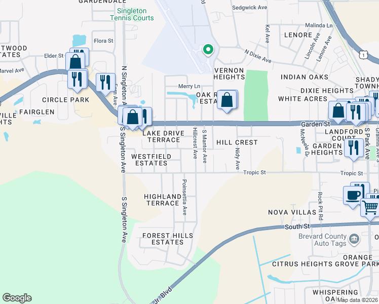 map of restaurants, bars, coffee shops, grocery stores, and more near 302 Hillcrest Avenue in Titusville