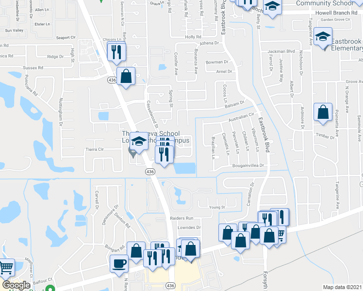 map of restaurants, bars, coffee shops, grocery stores, and more near 3335 Hamlet Loop in Winter Park
