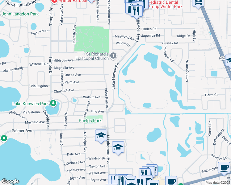 map of restaurants, bars, coffee shops, grocery stores, and more near 5068 Lake Howell Road in Winter Park