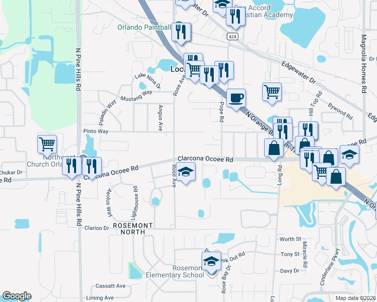 map of restaurants, bars, coffee shops, grocery stores, and more near 4925 Clarcona Ocoee Road in Orlando