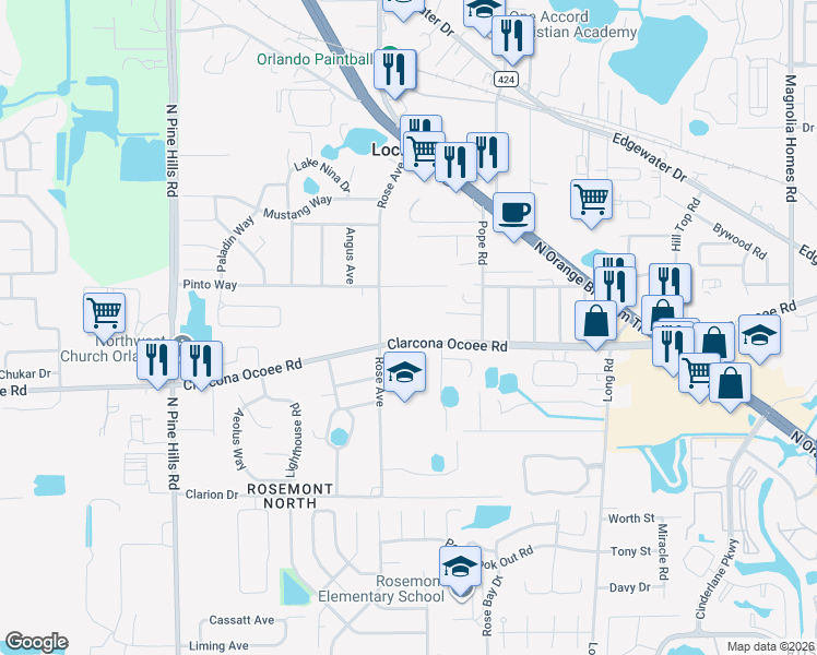 map of restaurants, bars, coffee shops, grocery stores, and more near 4925 Clarcona Ocoee Road in Orlando