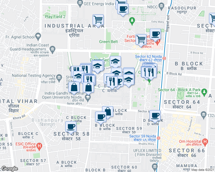 map of restaurants, bars, coffee shops, grocery stores, and more near in Noida