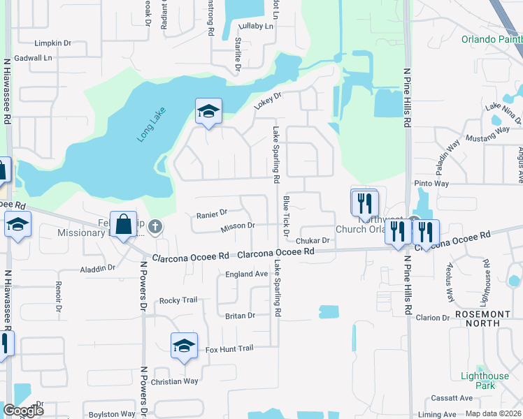 map of restaurants, bars, coffee shops, grocery stores, and more near 5602 Westview Drive in Orlando