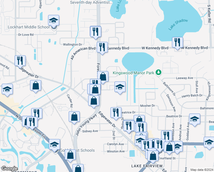 map of restaurants, bars, coffee shops, grocery stores, and more near 6220 Weston Lane Court in Orlando