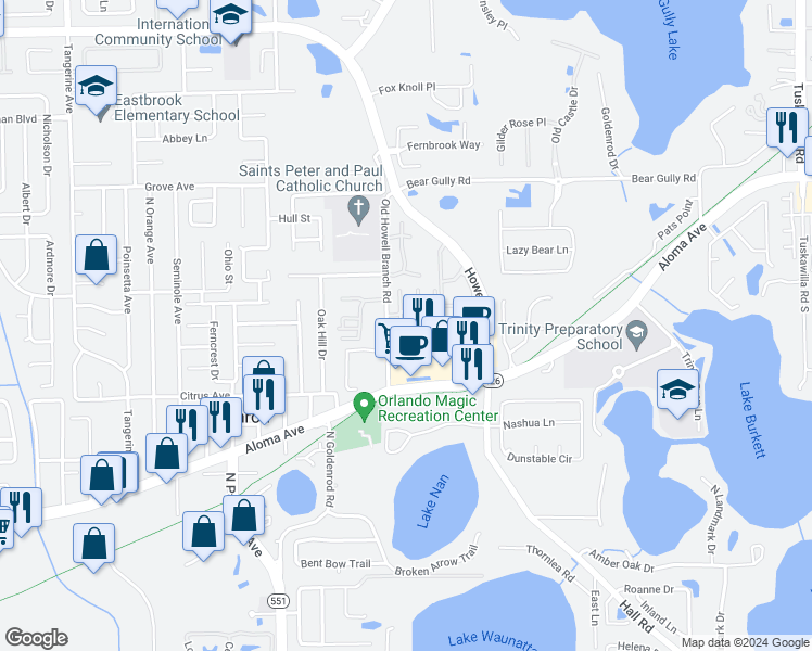 map of restaurants, bars, coffee shops, grocery stores, and more near 7727 Country Place in Winter Park