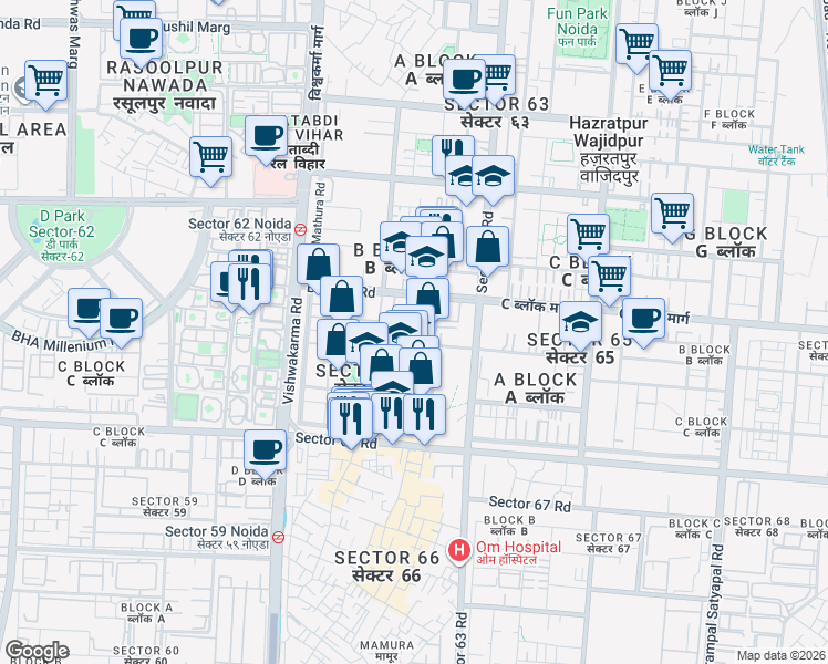 map of restaurants, bars, coffee shops, grocery stores, and more near A-6 A Block Road in Noida
