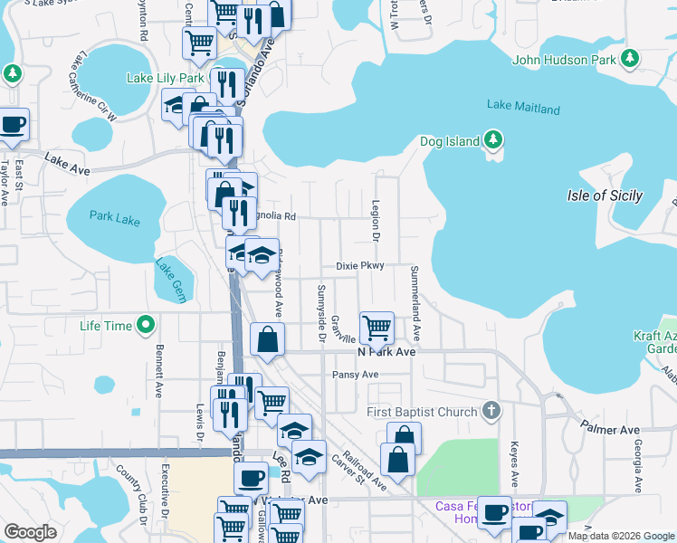 map of restaurants, bars, coffee shops, grocery stores, and more near 855 Dixie Parkway in Winter Park