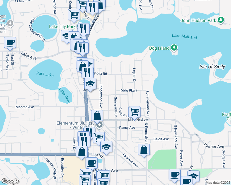 map of restaurants, bars, coffee shops, grocery stores, and more near 1571 Sunnyside Drive in Maitland