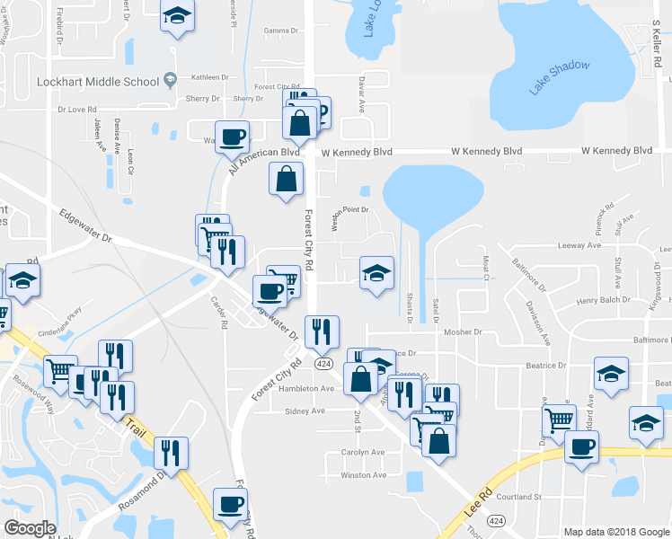 map of restaurants, bars, coffee shops, grocery stores, and more near 6220 Weston Lane Court in Orlando