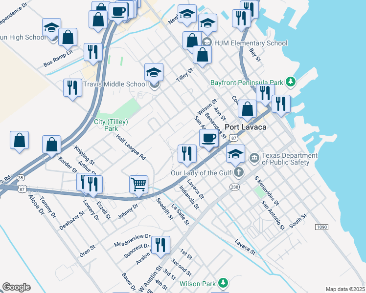map of restaurants, bars, coffee shops, grocery stores, and more near 609 West Mahan Street in Port Lavaca
