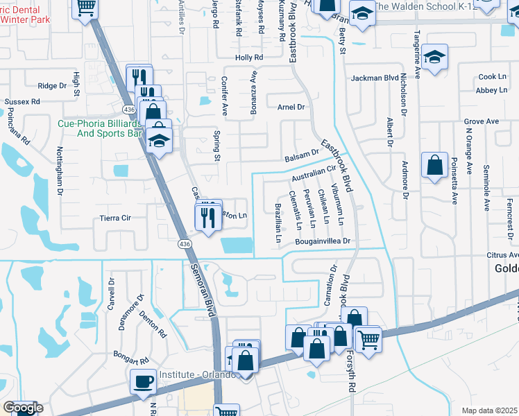 map of restaurants, bars, coffee shops, grocery stores, and more near 1710 Puritan Avenue in Winter Park